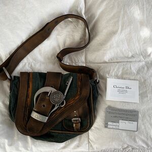 VINTAGE AUTHENTIC CHRISTIAN DIOR GREEN BROWN CANVAS LEATHER SADDLE BAG 2006